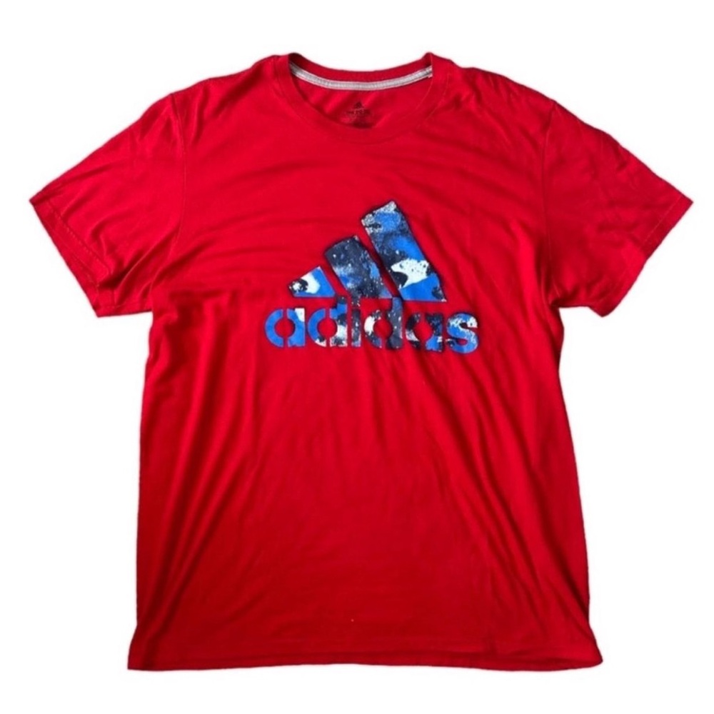 Adidas Men's Red Tee with Blue Graphic